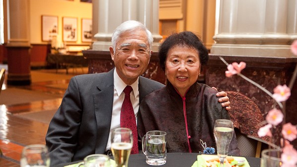 A photo of Dr. HH Cheng and Jo Cheng seated at a formal banquet; photo by ROC 100 Minnesota.