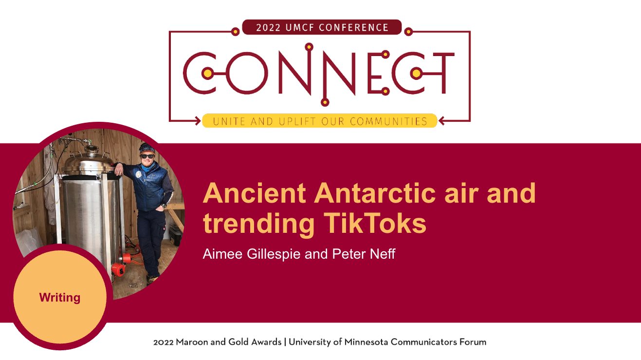 An image of a 2022 Maroon Award for Writing for the article "Ancient Antarctic air and trending TikToks"