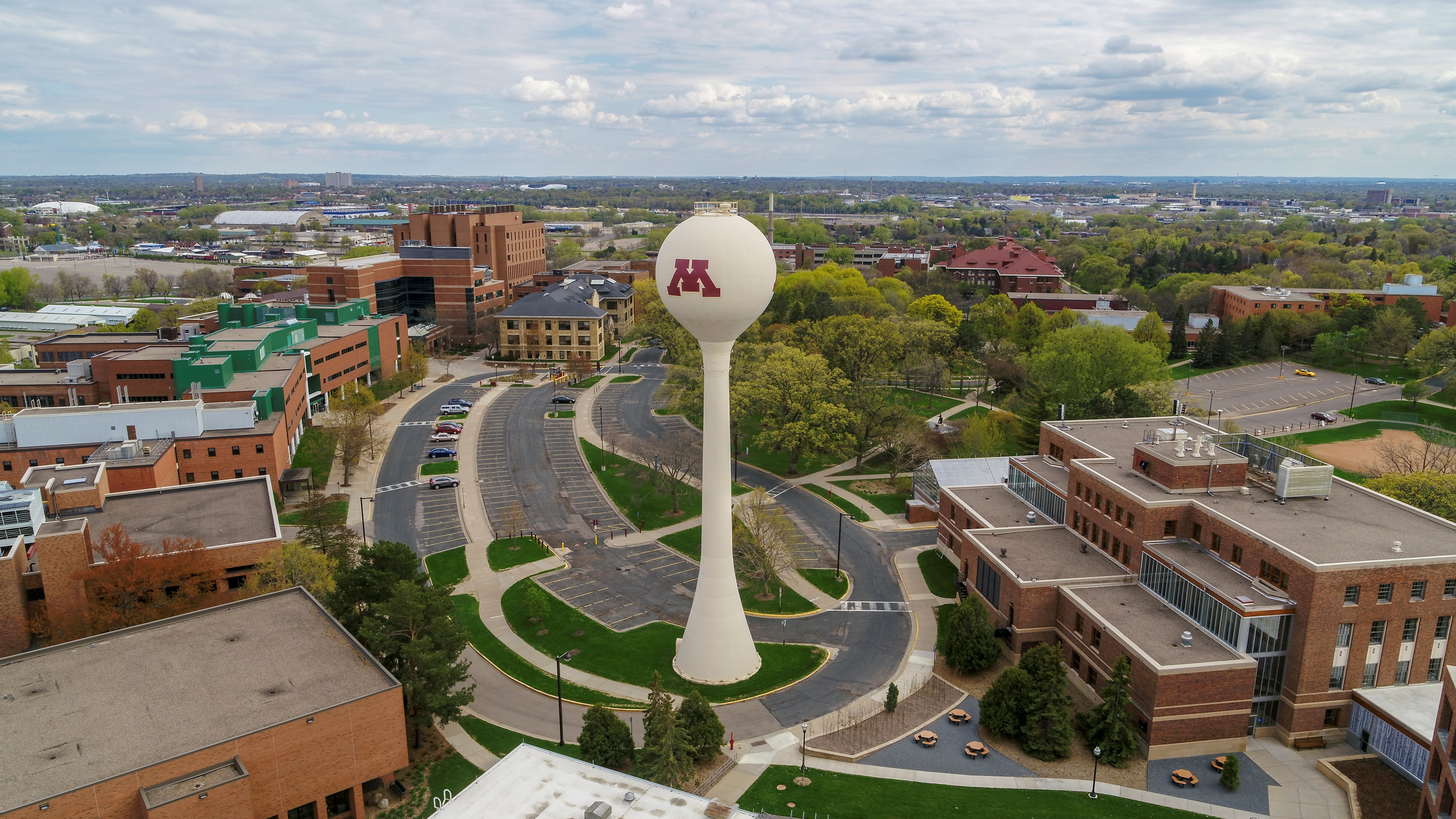 An aerial photo of the water tower on the St. Paul campus of the University of Minnesota