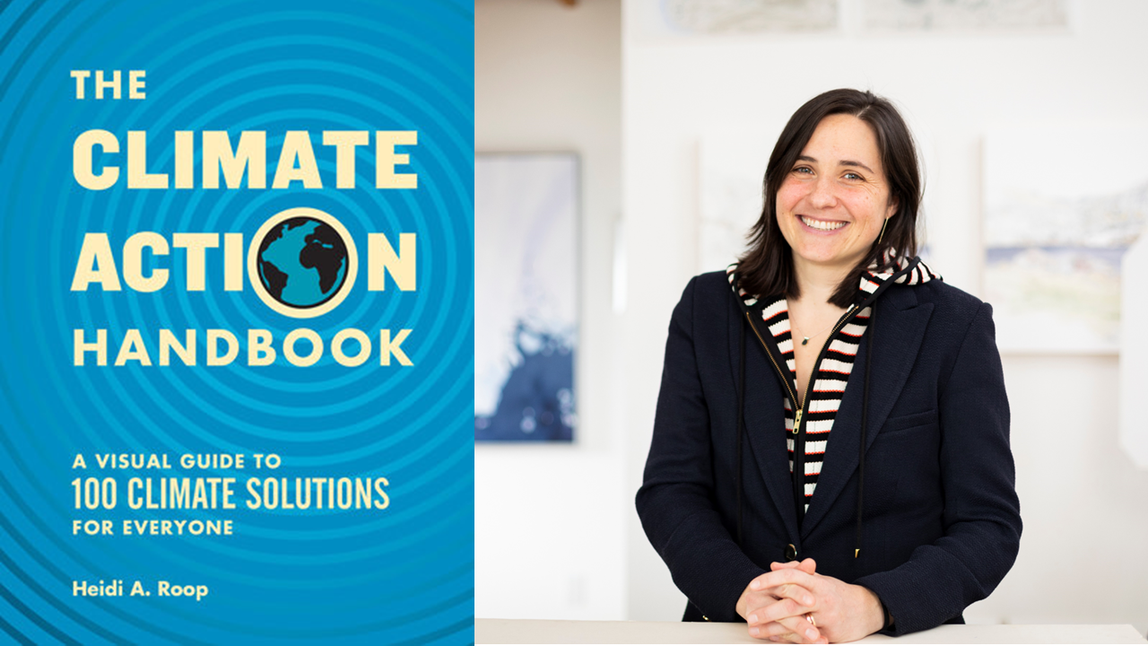 The book cover of "The Climate Action Handbook" and a photo of the author Heidi Roop