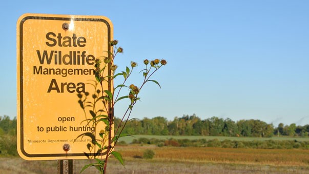 A photo of a sign that says State Wildlife Management Area with a prairie landscape in the background