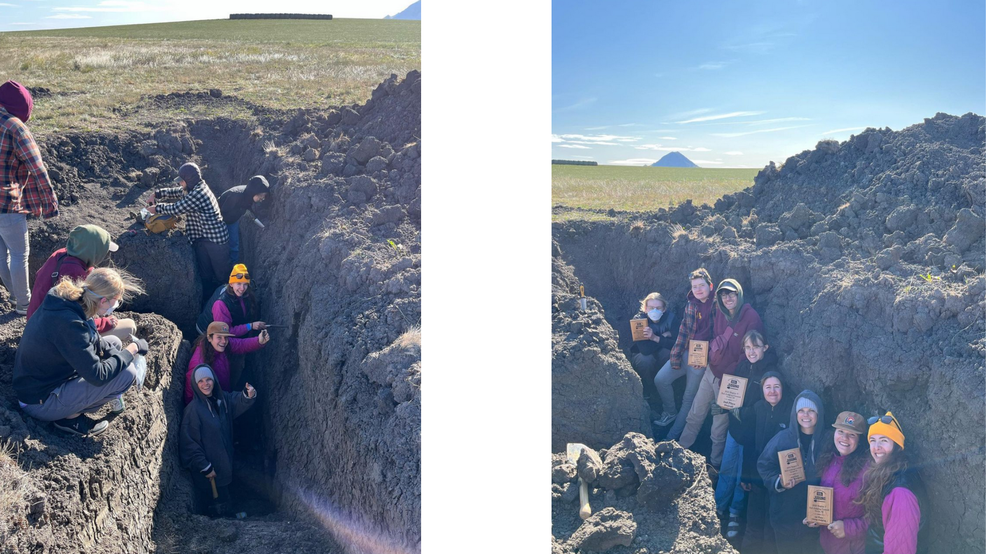 Two photographs of members of the soil judging team in soil pits. The left photo is of students working in the pit. The right photo is 8 students with their 2nd place awards. 