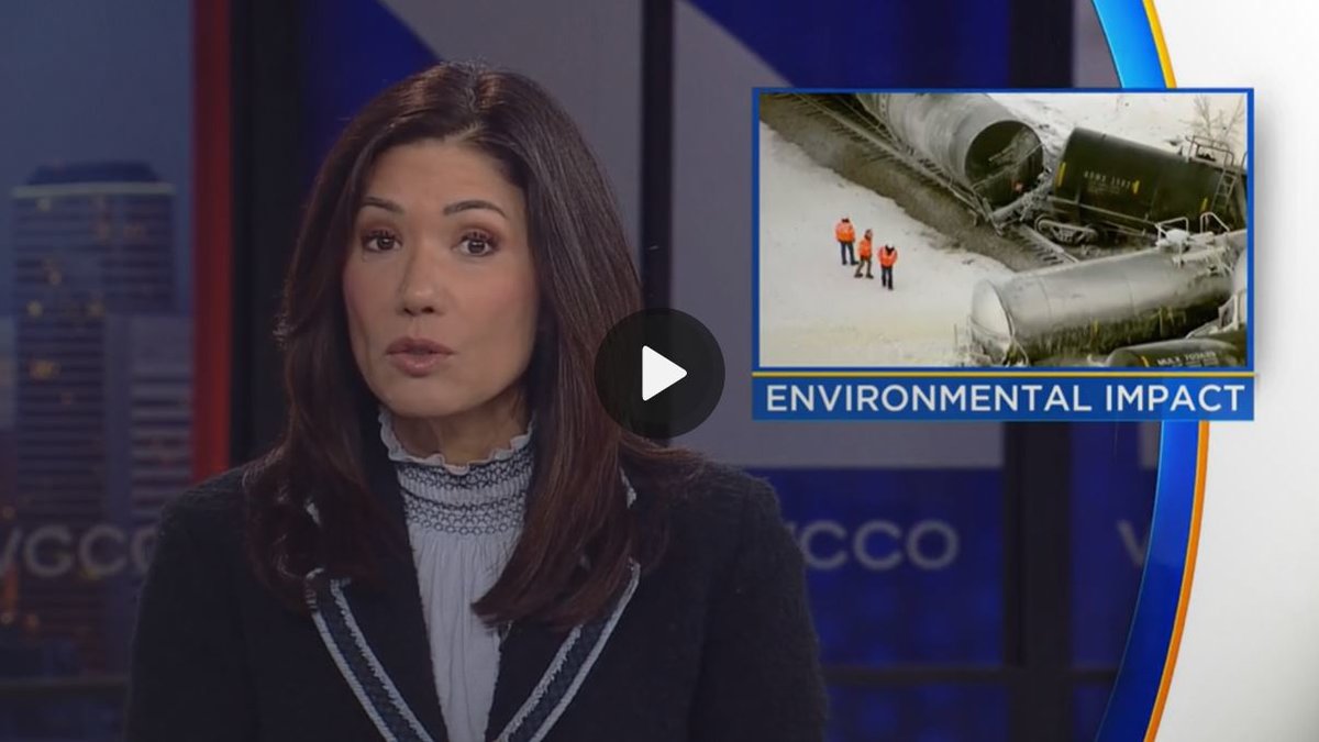 A screenshot of a news broadcaster with an inset of a derailed train; from WCCO CBS Minnesota