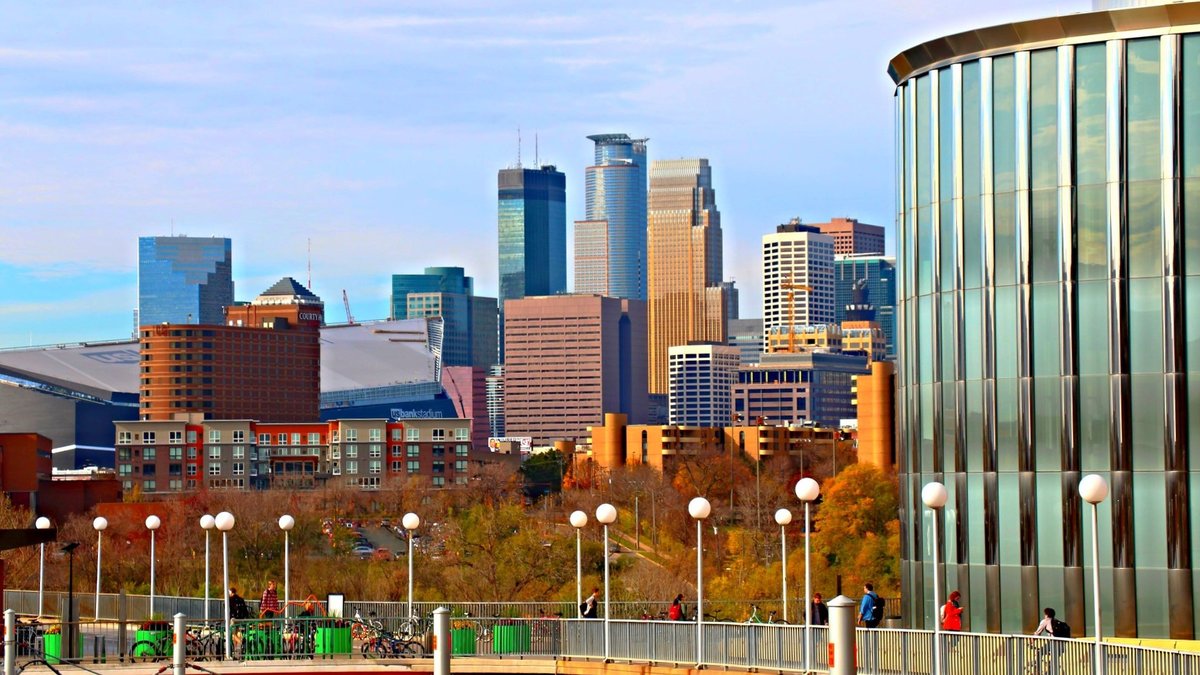 A photo of the Minneapolis skyline taken from the University of Minnesota campus 