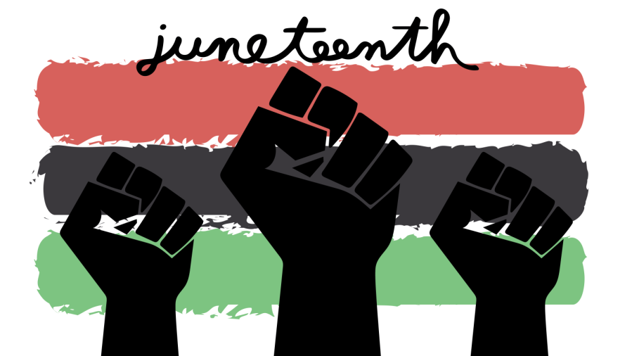 An illustration of three black fists with a red, black, and green background, and the word "Juneteenth;" illustration by Mary Ellen Ritter