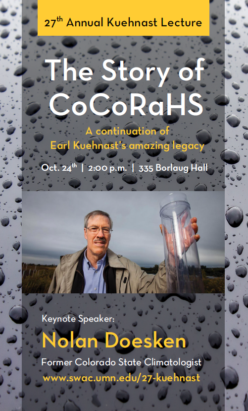 The event poster with a photo of the speaker holding a rain gauge