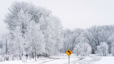 A photo of a snowy rural road in Minnesota with a yellow curve ahead road sign; photo by Lorie Shaull