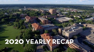 An aerial view of campus with the text 2020 Yearly Recap