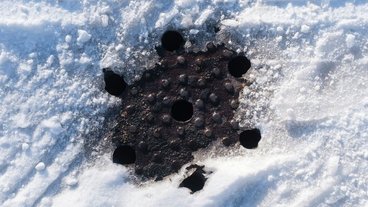 Snow melts along the edge of a manhole cover in south Minneapolis in December 2021. Photo by Tim Evans for MPR.