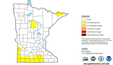 A figure of Minnesota counties with several colored yellow indicating drought conditions