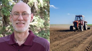 A photo of Jeff Strock and a photo of a tractor on a field