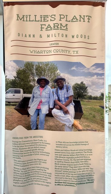 banner describing the lived experience of farmers diann and milton woods in wharton county, tx 